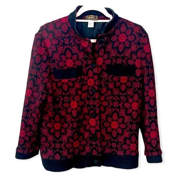 1960’s Vintage Gibi Roma Red Black Jacquard 100% Wool Cardigan Sweater Sz M - Picture 1 of 13
